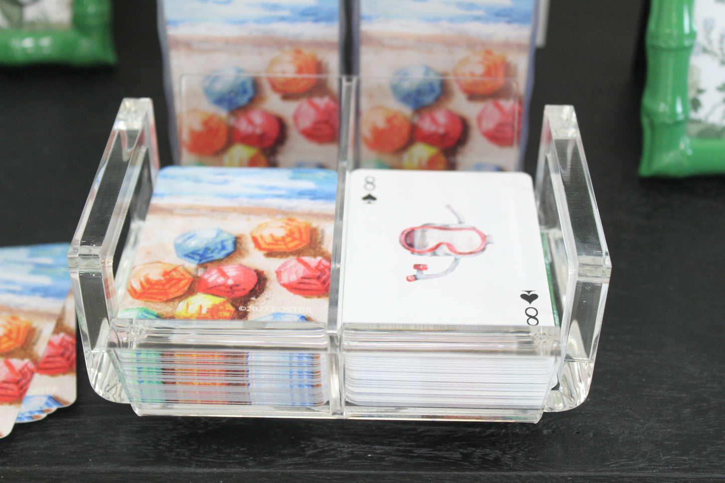 clear acrylic canasta swivel playing case with beach playing cards