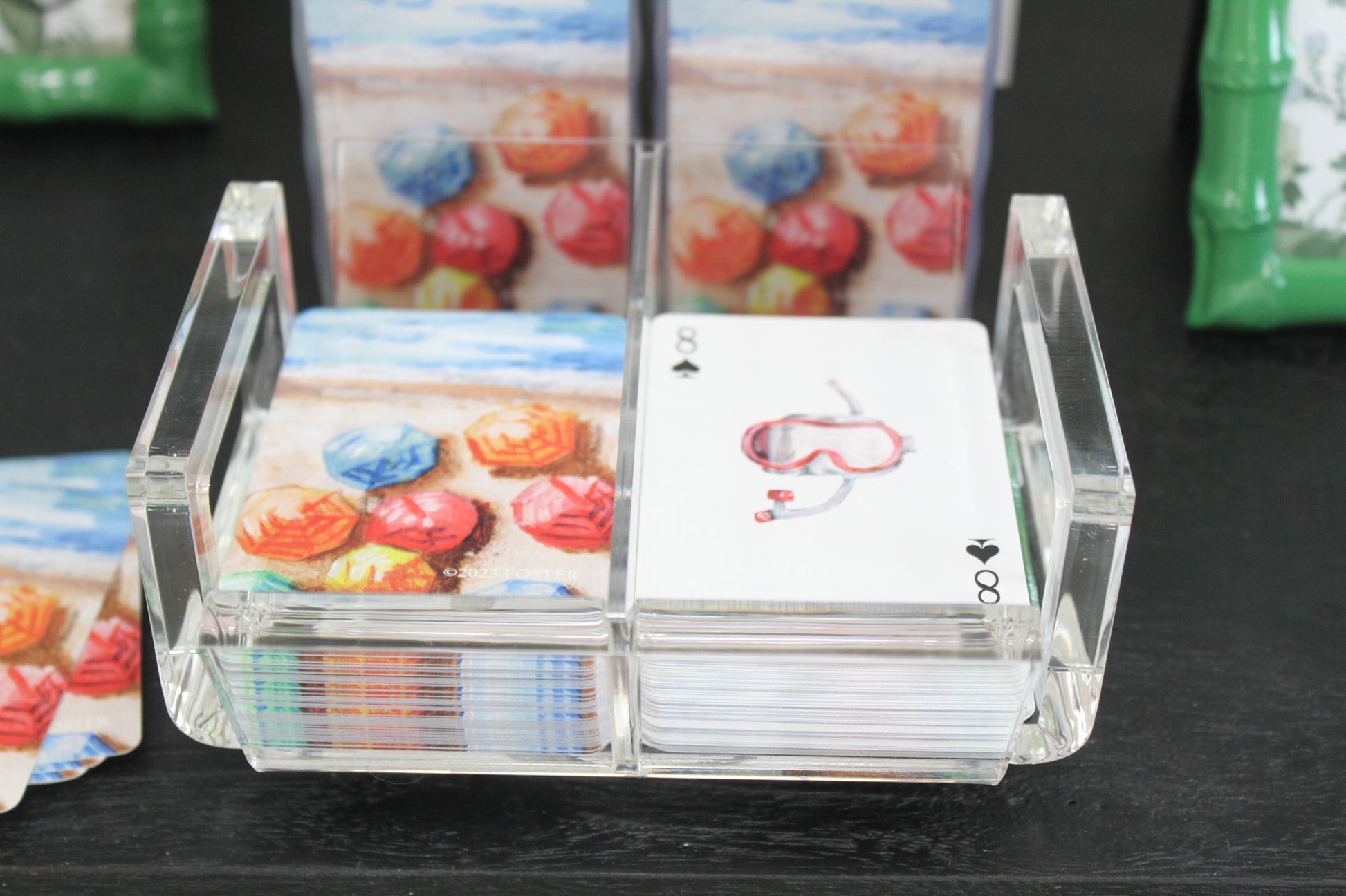 clear acrylic canasta swivel playing case with beach playing cards