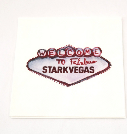 Paper beverage napkins displaying painting of Starkvegas logo sign