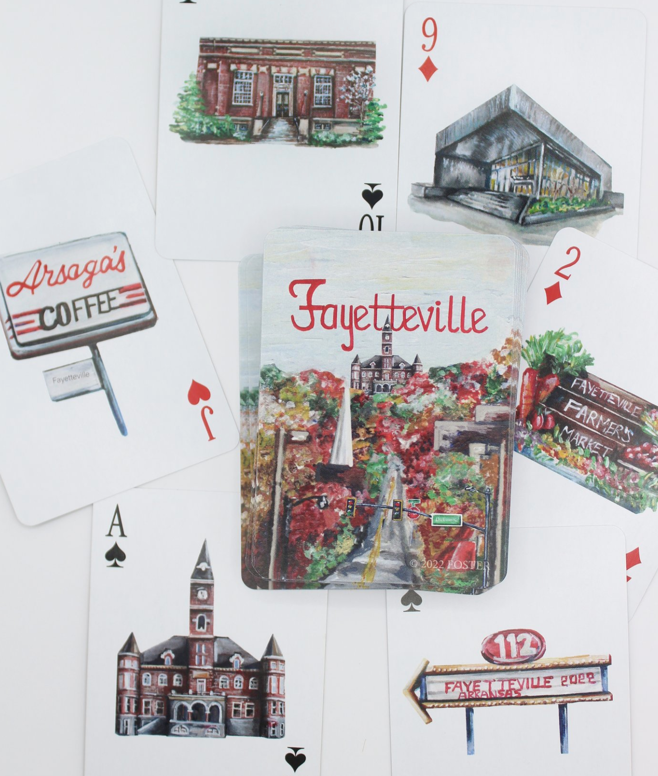 Fayetteville playing cards by FOSTER, display Fayetteville traditions and iconic places.
